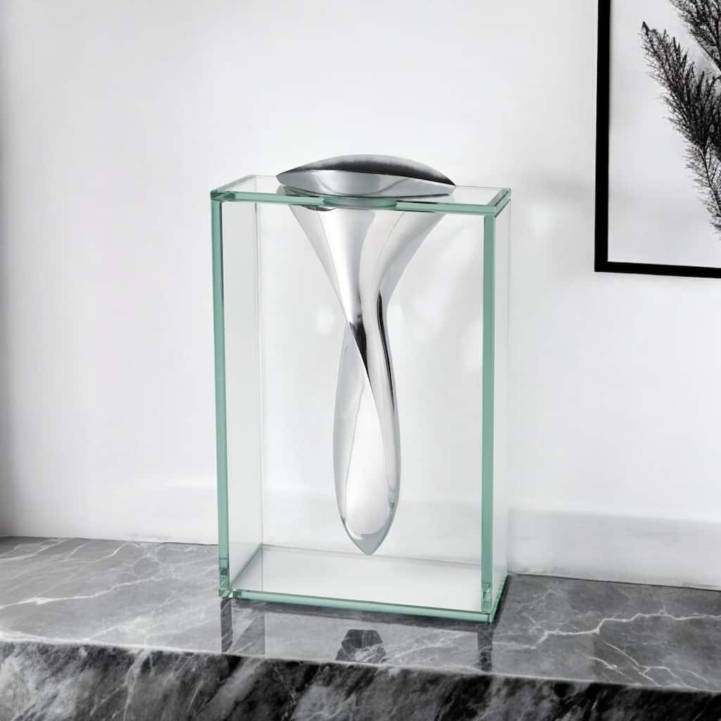 HomeRoots 14" Clear Cylinder Aluminum And Crystal Glass Table Vase