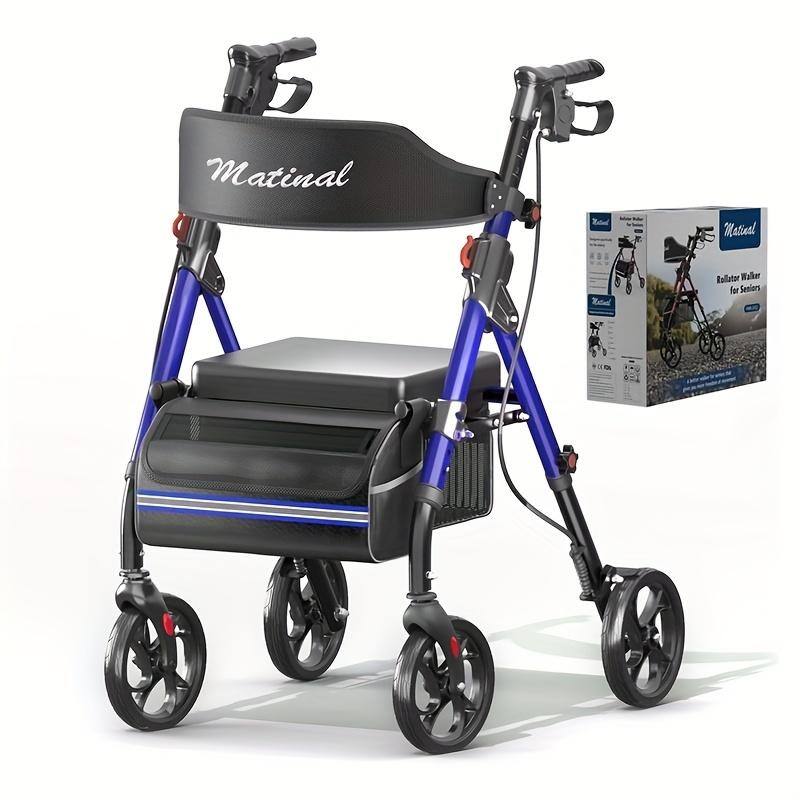 Matinal Foldable Rollator Walkers with Seat for Seniors, 350 lb Capacity, 8'' Big Wheels, 6-Position Height - Blue