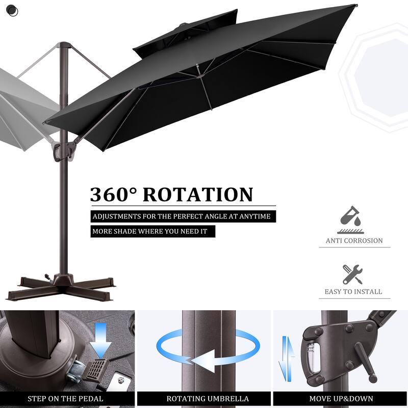 VredHom 10 Ft Square Dual Wind Vent Cantilever Patio Umbrella with Base