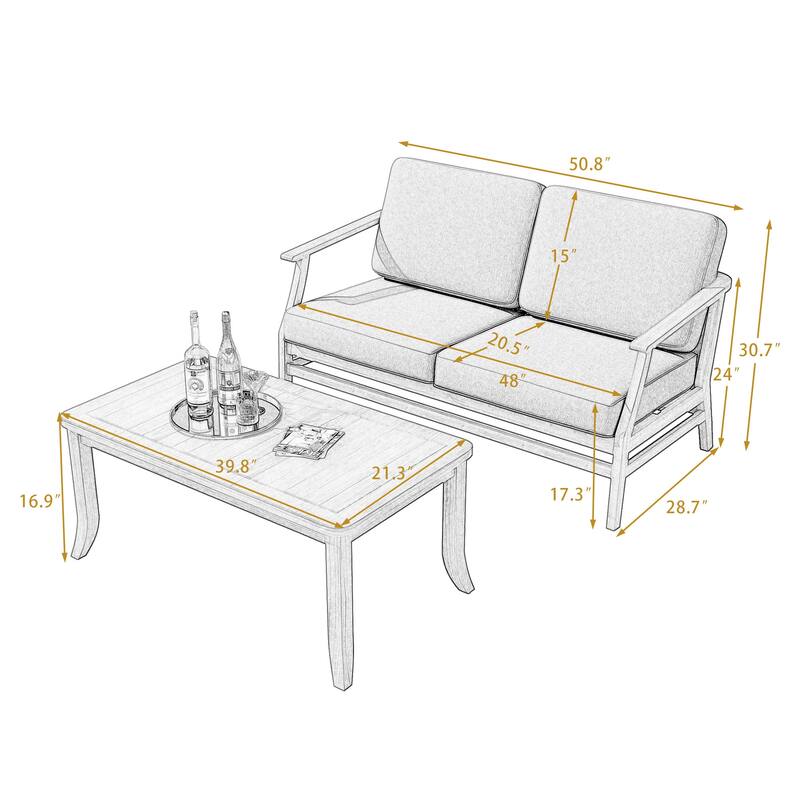 Teak Outdoor Patio Loveseat and Coffee Table Set (2-Piece)