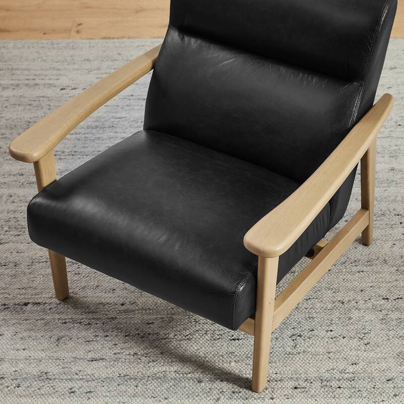 Modern Genuine Leather Accent Armchair with Natural Solid Wood Frame