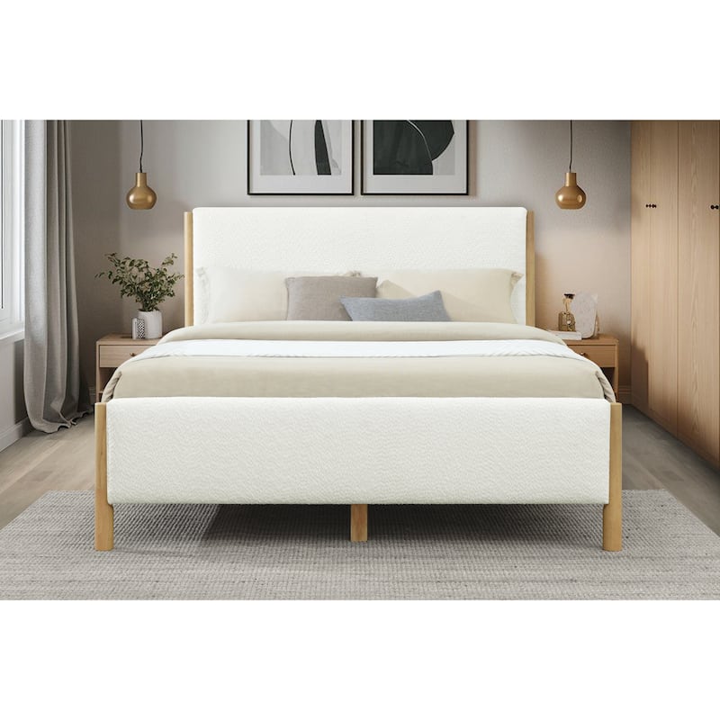 Boucle Upholstered Bed with Rubberwood Legs, Modern Platform Bed with Headboard, Queen/King Scandinavian Bed Frame for Bedroom