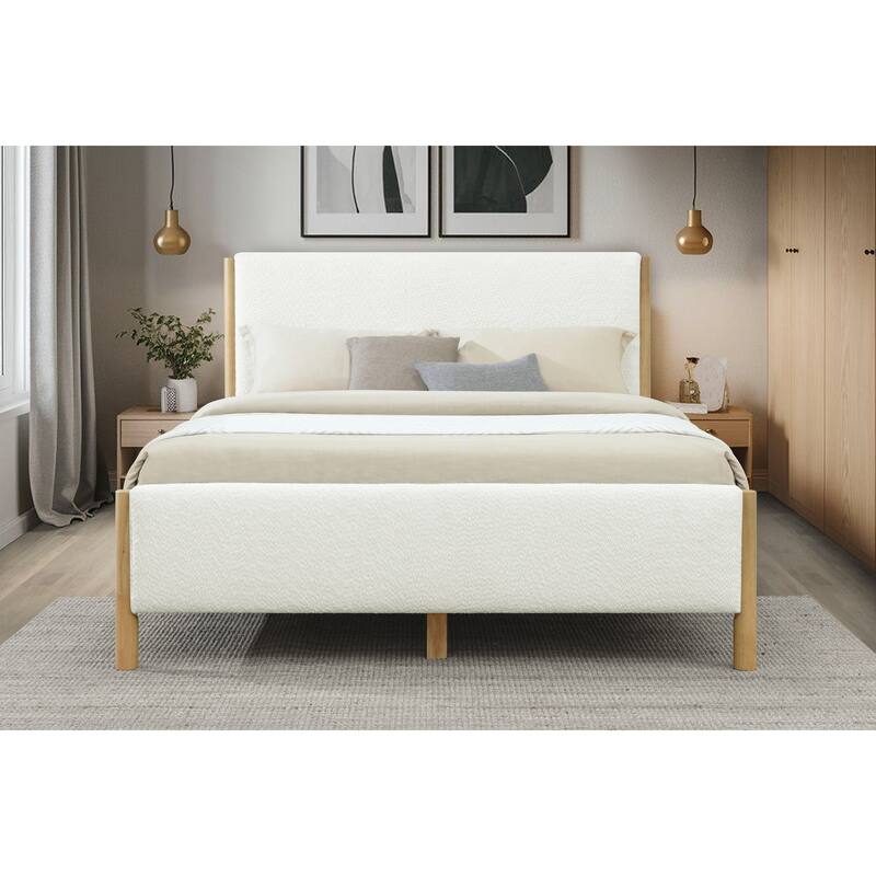 Modern White Boucle Upholstered Bed with Rubberwood Legs, Queen