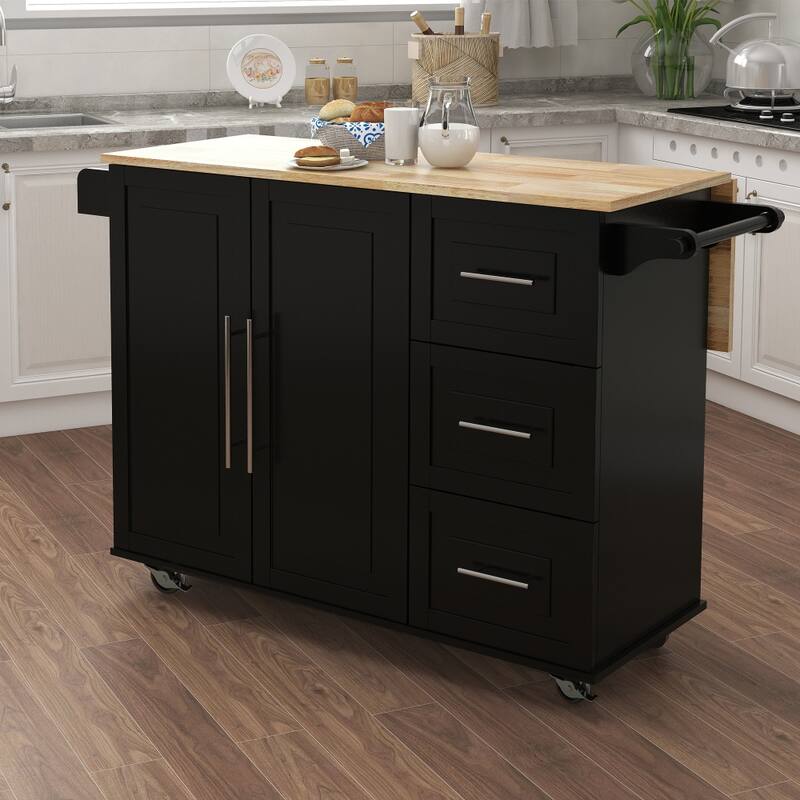Kitchen Island with Spice Rack and Extensible Solid Wood Table Top - Black