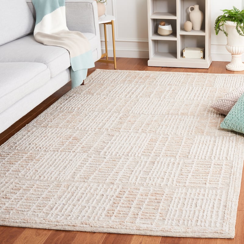 SAFAVIEH Handmade Abstract Anoek Checkered Wool Rug - 6' x 9' - Light Brown/Ivory