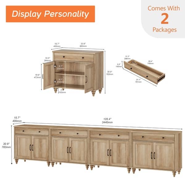dimension image slide 2 of 8, Farmhouse Sideboard, Buffet Cabinet with Storage Cabinets