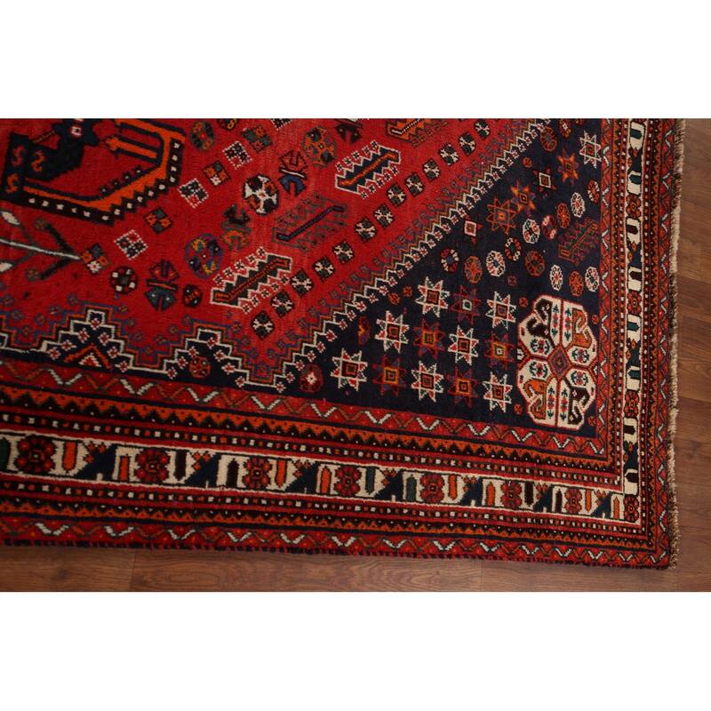 Hand Knotted Oriental 100% Wool Carpet Traditional Tribal Red Shiraz Area Rug - 9' 8'' X 6' 7''