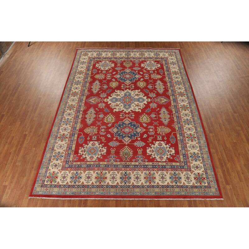 Red Geometric Kazak Oriental Large Area Rug Wool Carpet - 9'10" x 13'9"