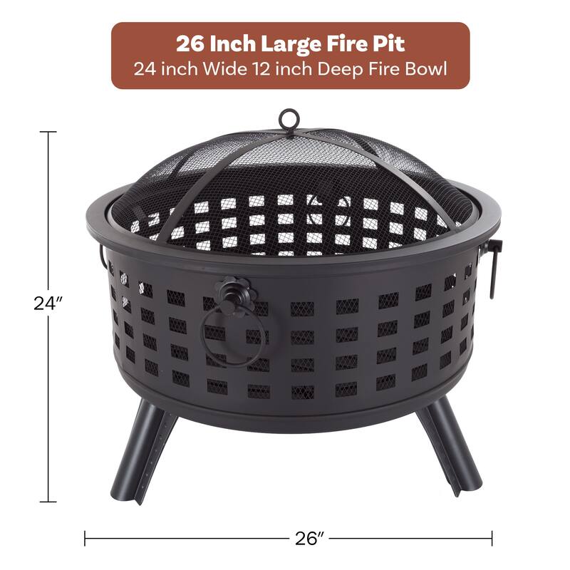 Fire Pit Set, Wood Burning Pit - Includes Spark Screen and Log Poker 26" Round Metal Firepit by Pure Garden - 26 x 26 x 24
