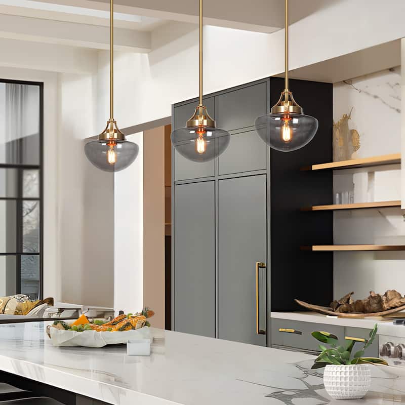 Modern 1-Light Gold Kitchen Island Pendant Light Grey Glass Hanging Light for Dining Room - 8.5"Dia x 22"H