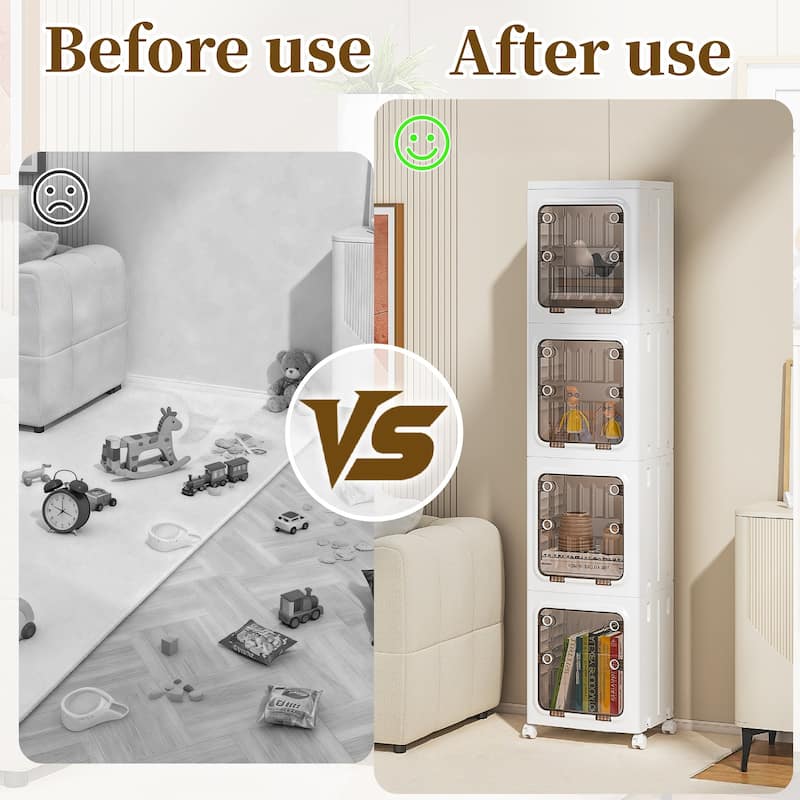 VECELO White 3-Tier & 4-Tier Narrow Storage Bins Foldable Stackable ABS Organizer Bins with Wheels for Bathroom Living Room