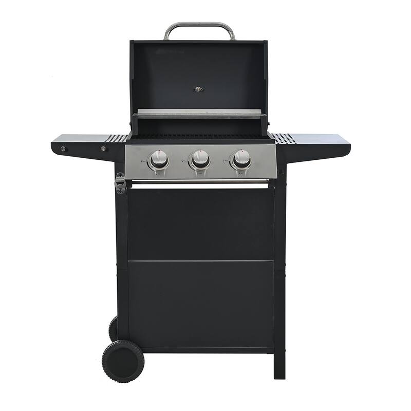 3-Burner Outdoor Portable Propane Gas Grill w/Top Cover Lid & 2-Wheel