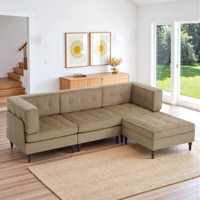 4-Piece 98" W Upholstered Modular Corduroy Sectional Sofa - Camel