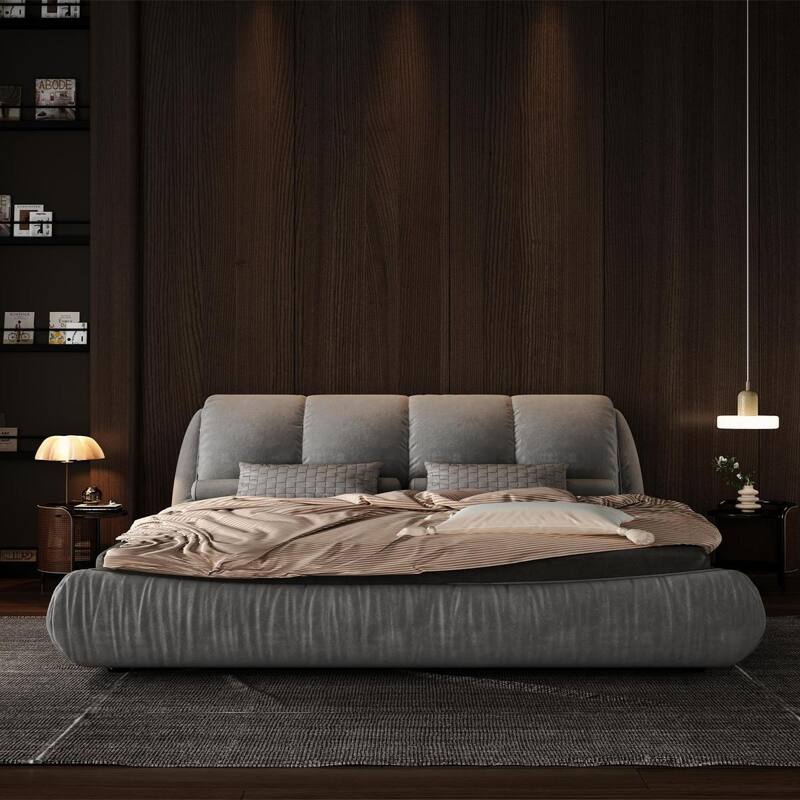 Upholstered Platform Bed with Oversized Padded Backrest, Queen/King Size Low Grounded Bed with Headboard and Wood Slats