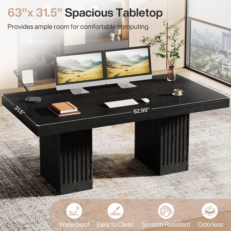 63 Inck Black Desk for Home Office, Modern Couputer Desk with Double Pedestal