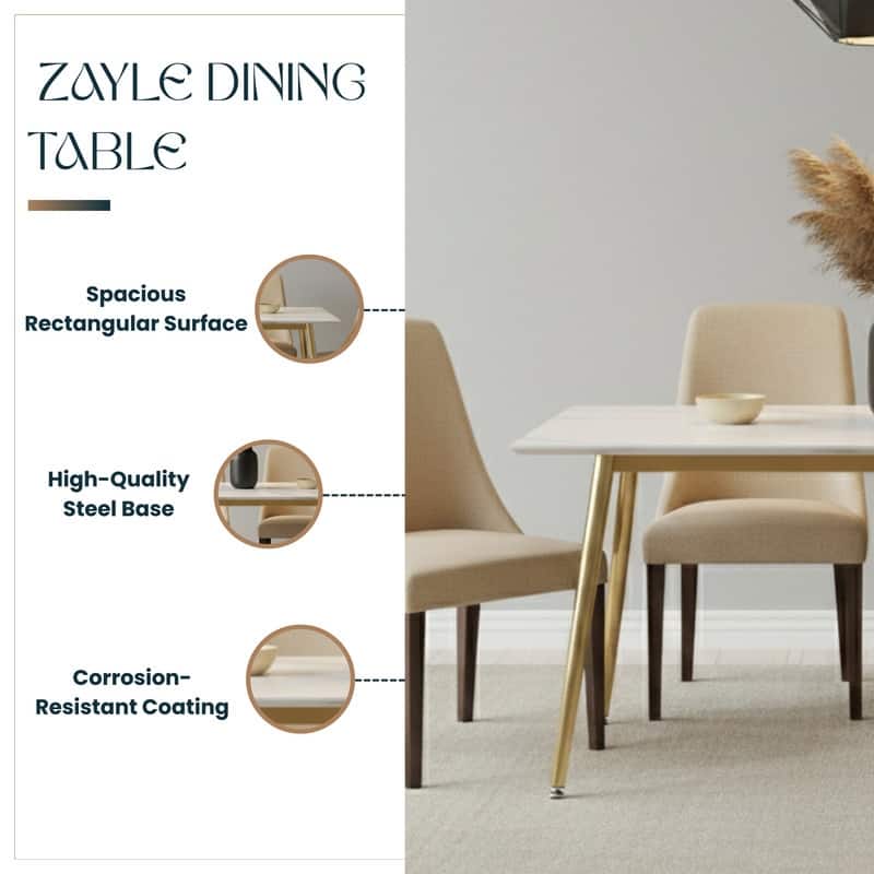 Zayle Modern Mid-Century Glass or Sintered Stone Rectangular Tabletop Dining Table with Powder-Coated Gold Steel Base