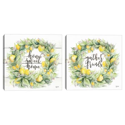 Watercolor Lemon Wreath Gather Friends, Watercolor Lemon Wreath Home Sweet Home by Tre Sorelle Studios Canvas Art Prints