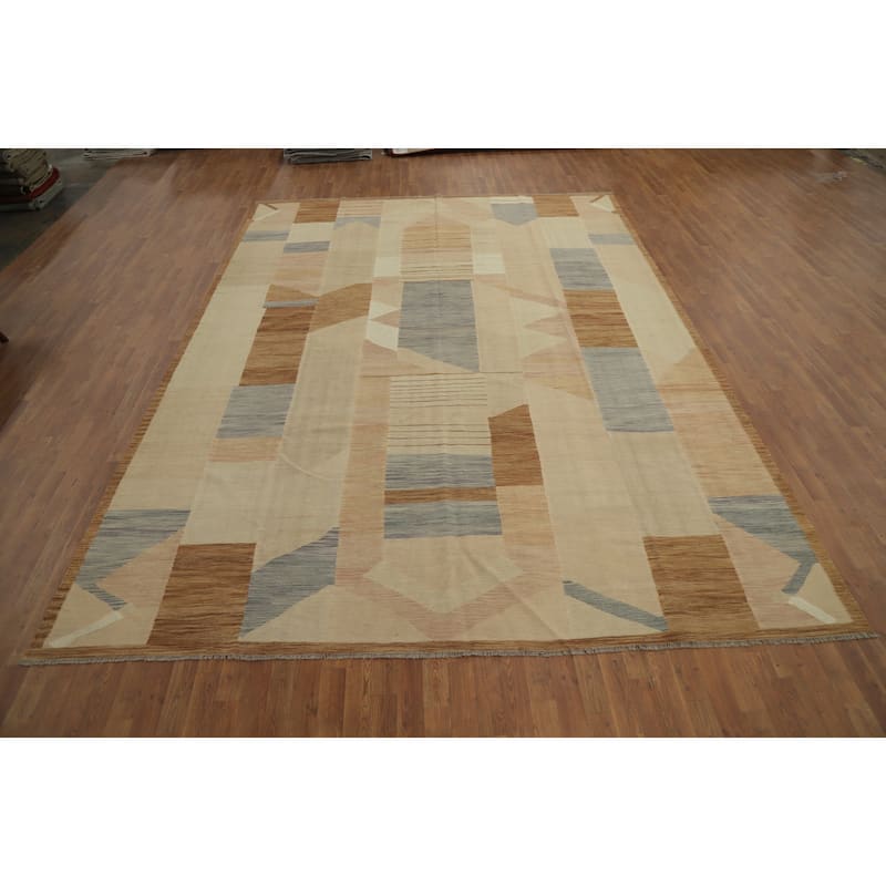 Hand Woven Oriental 100% Wool Carpet Southwestern Modern Beige & Ivories Kilim Area Rug - 13' 4'' X 9' 7''