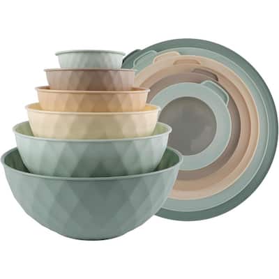 COOK WITH COLOR Mixing Bowls with Lids 12 Piece Plastic Nesting Bowls Set includes 6 Prep Bowls and 6 Lids Diamond Design