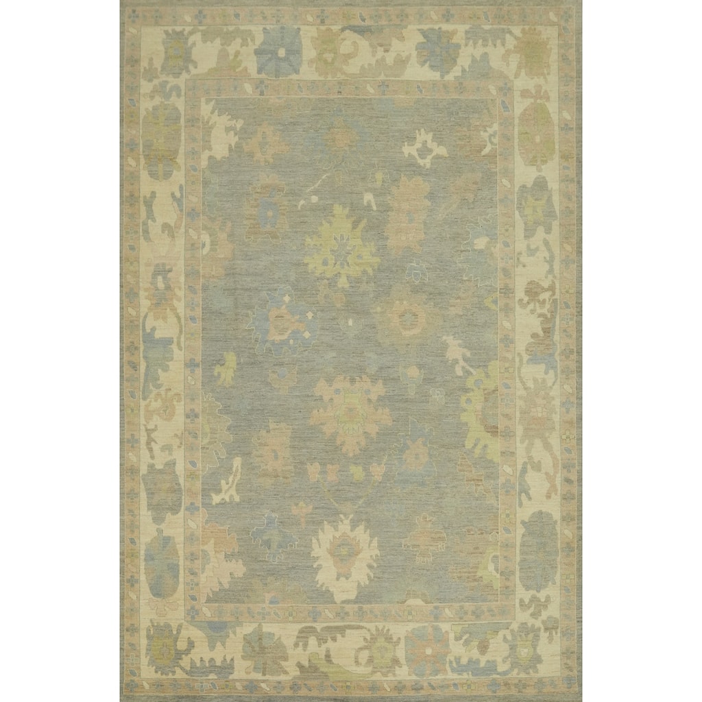 Handmade Gray Oushak Vegetable Dye Large Rug, Floral Geometric Carpet - 14' 0'' X 10' 1''