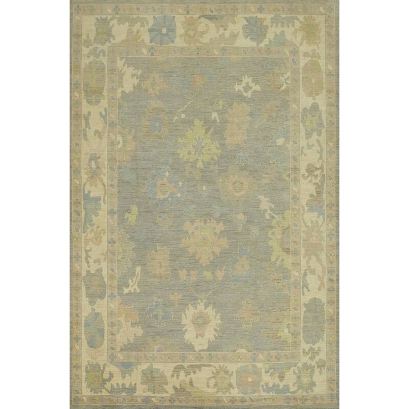 Handmade Gray Oushak Vegetable Dye Large Rug, Floral Geometric Carpet - 14' 0'' X 10' 1''
