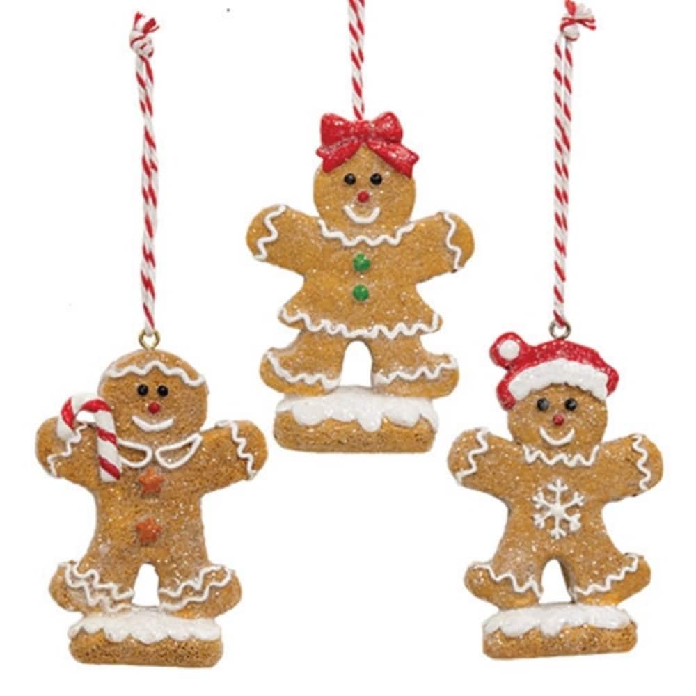 Brown Resin Gingerbread Ornaments with Glitter and Striped Ribbon, 3 Asstd. - 2 x 0.75 x 3.25 in.