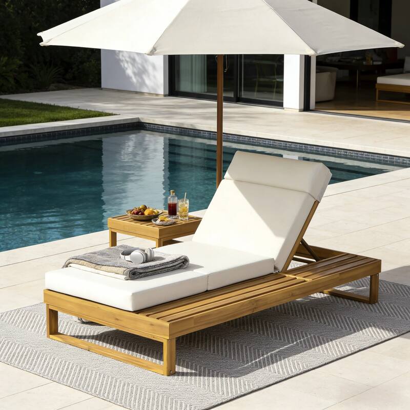 Christopher Knight Home - Modern Outdoor Acacia Wood Chaise Lounge with 4-Position Adjustable Backrest & 4-Fold Cushion - Teak Finish+Cream Cushion