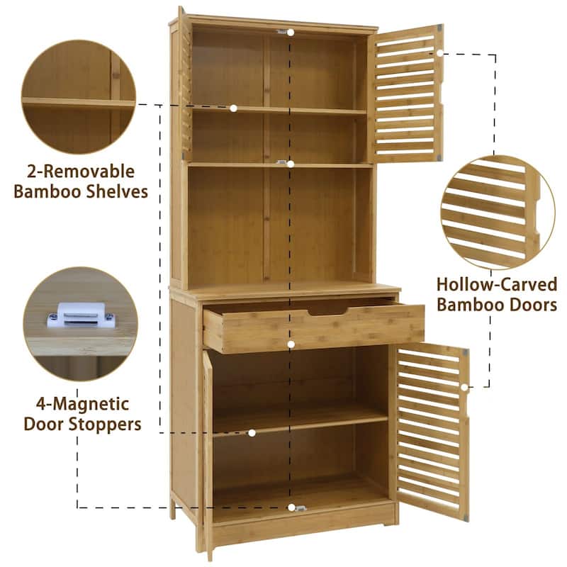 VEIKOUS 72'' Magnetic Door Stopper Hollow-Carved Bamboo Door Kitchen Storage Cabinet with Drawer Worktop, Removable Bamboo Shelf