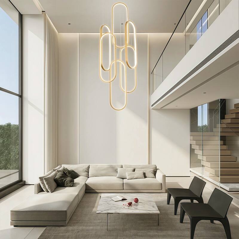6 Rings Modern Chandelier Dimmable LED Living Room Foyer Chandelier Lighting Fixture High Ceiling Pendant Light Fixture