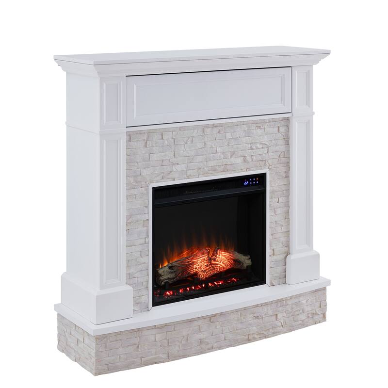 SEI Furniture Ashfield White Faux Stone Electric Fireplace with Storage