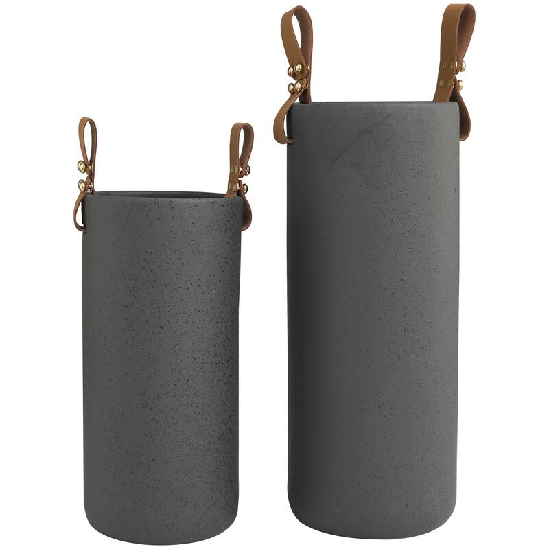 Ceramic Decorative Vase with Leather Handles - Set of 2 Black - Roche River Decor