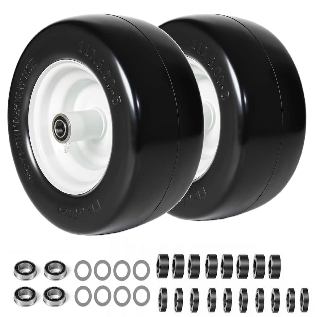 Set of 2 Smooth Tire and Wheel, 11x6-5 Solid Rubbe Riding Lawn Mower Tire, 3/4" Bearing, 5.8" Centered Hub, for Zero Turn Mowers