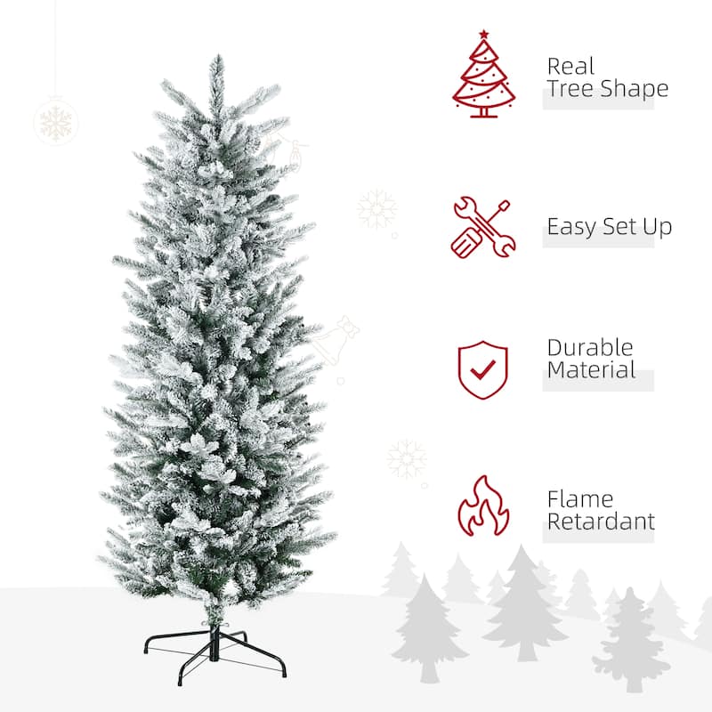 HOMCOM 6ft Tall Flocked Artificial Christmas Tree Holiday Décor with 477 Snow Branches, Auto Open, Steel Base, Green - 5.89 ft