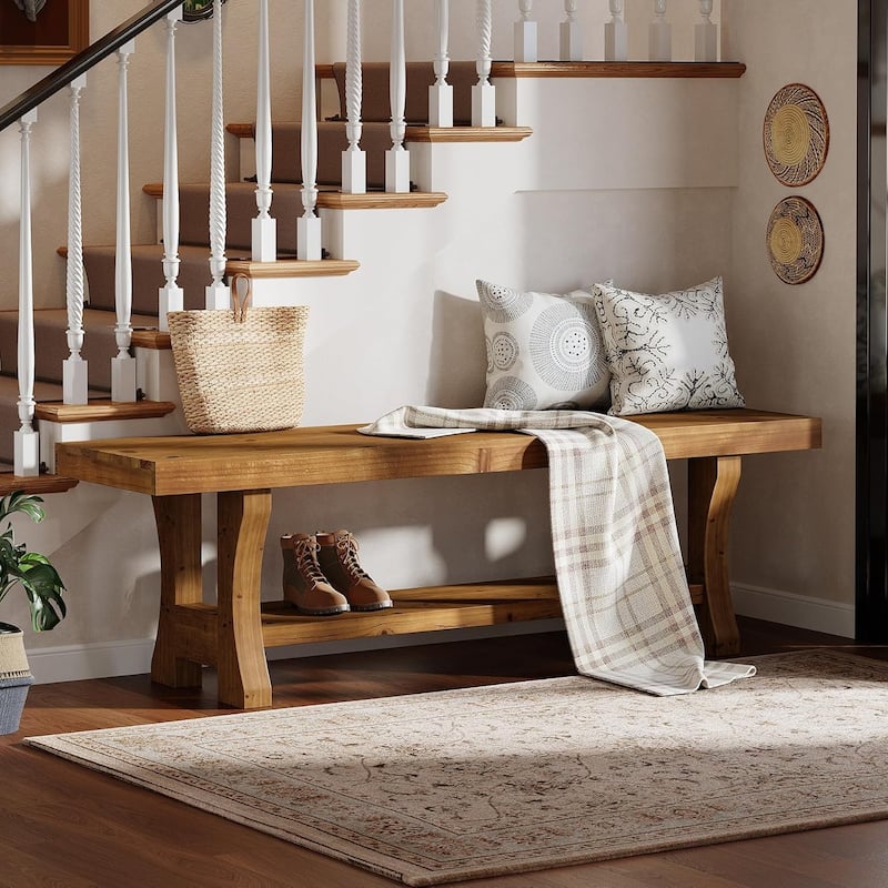 55 Inch Solid Wood Entryway Bench End of Bed Bench with Storage - 55.1" W x 13.8" D x 17.7" H