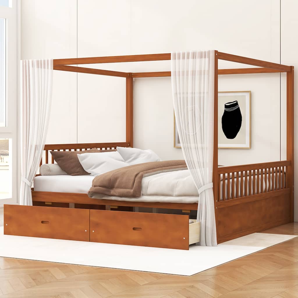 Roomfitters Queen/King Wooden Canopy Bed with 2 Storage Drawers, Solid Wood Frame, Walnut