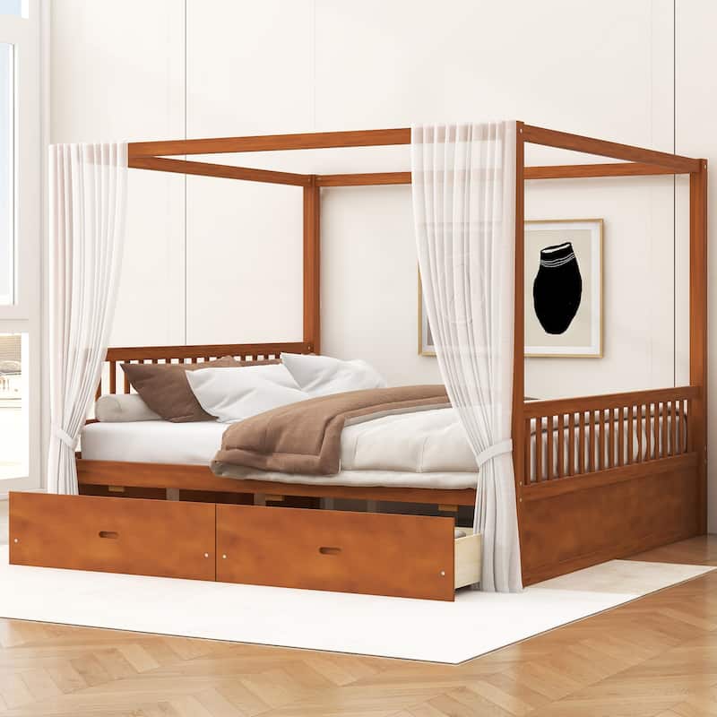 Wooden Canopy Bed Platform Bed with Storage Drawers and Slats Support - Walnut - King