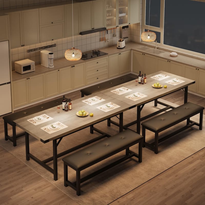 Dining Table Set for 4-6, 63" Extendable Wood Dining Room Table with Corner Protector & 2 Upholstered Benches