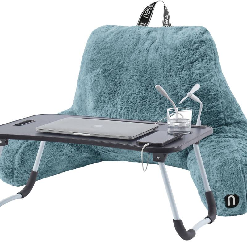 Emperyan Fur Reading Pillow with Laptop Lap Desk - Stone Blue - Specialty