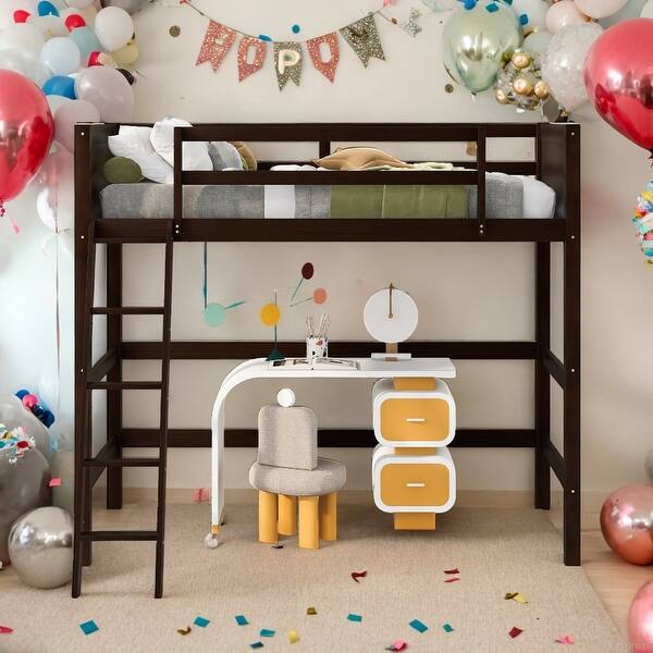 slide 2 of 13, Solid Wood Twin Size Loft Bed with Ladder,Espresso, Modern Design Espresso
