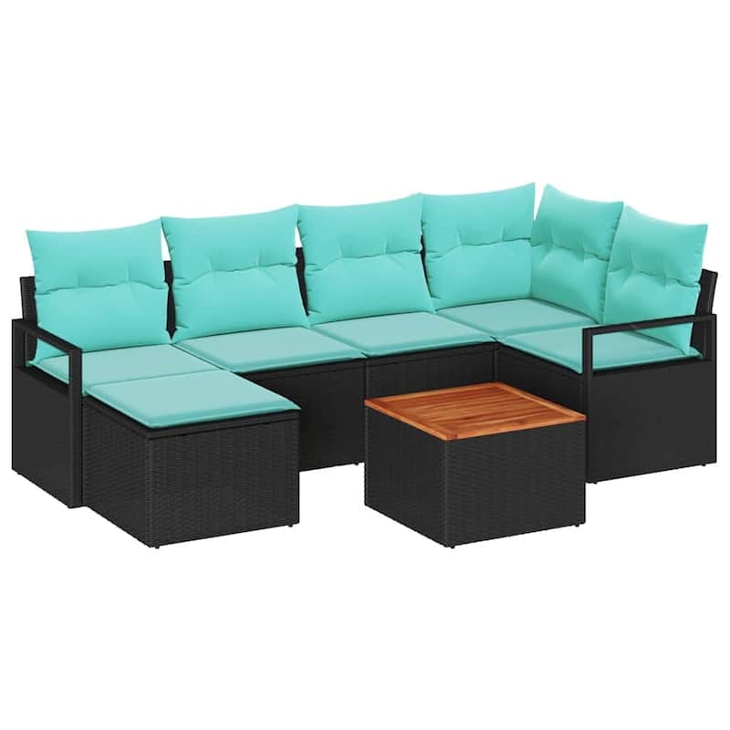 vidaXL 7 Garden Sofa Set with Cushions Black/Grey Poly Rattan - 91.3 x 48 x 27.2