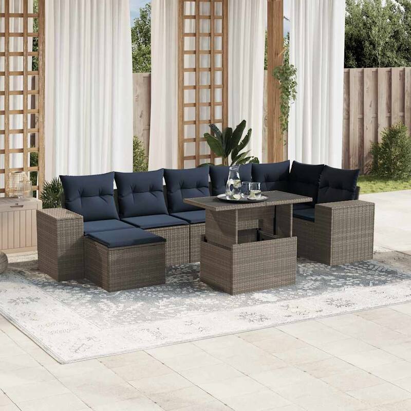 vidaXL Patio Sofa Set with Cushions Table and Couches 8 Piece Poly Rattan - Gray - 24.4" x 24.4" x 27.2"
