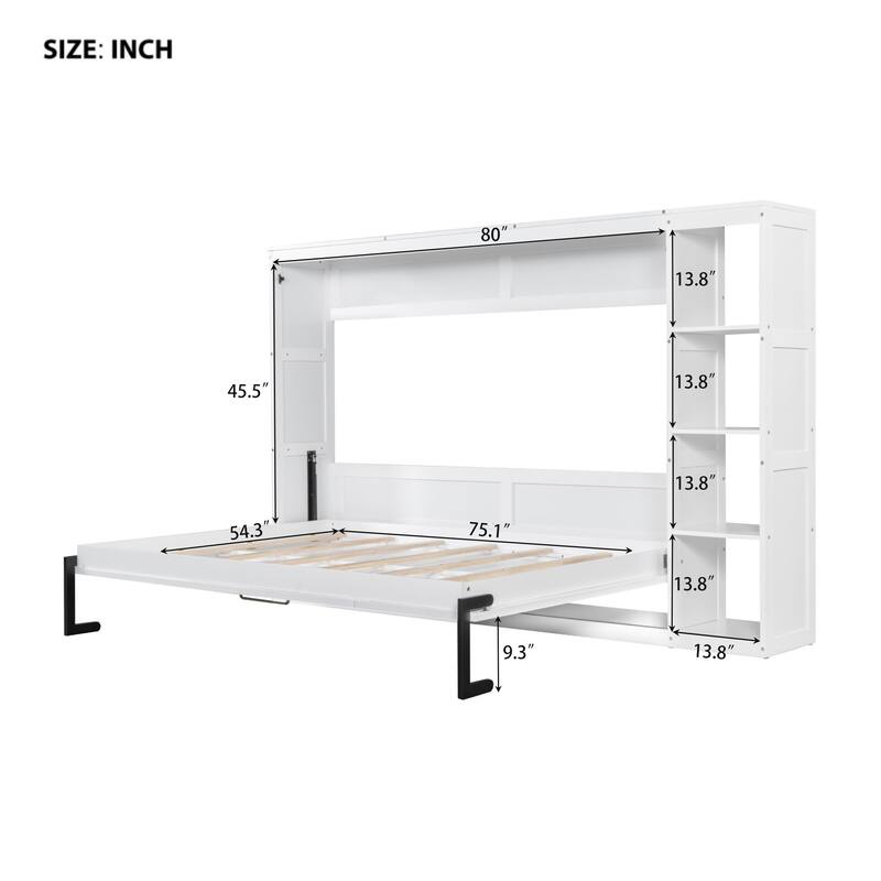 Foldable Full Murphy Bed with Side Bookshelves, Storage Rack and Slat Support, Space Saving Design