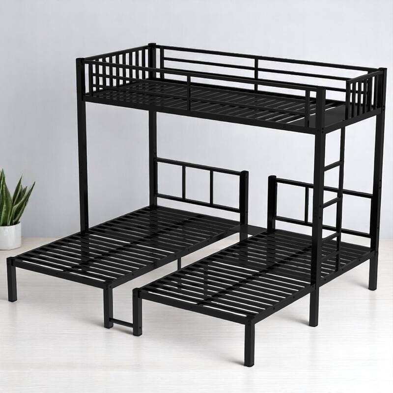Triple Bunk Bed,Metal Twin Over Twin & Twin Beds with Ladder, Guardrails, Shelf & Table, Convertible L-Shaped Design