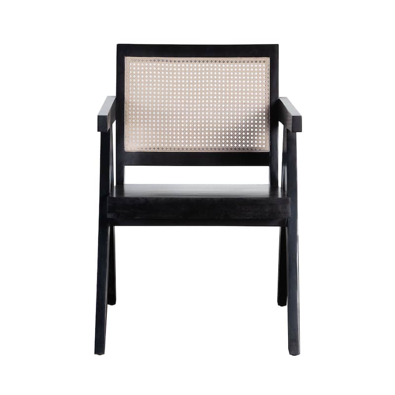 Kato Dining Armchair, Cane Backrest, 24 Inch, Black Solid Mango Wood