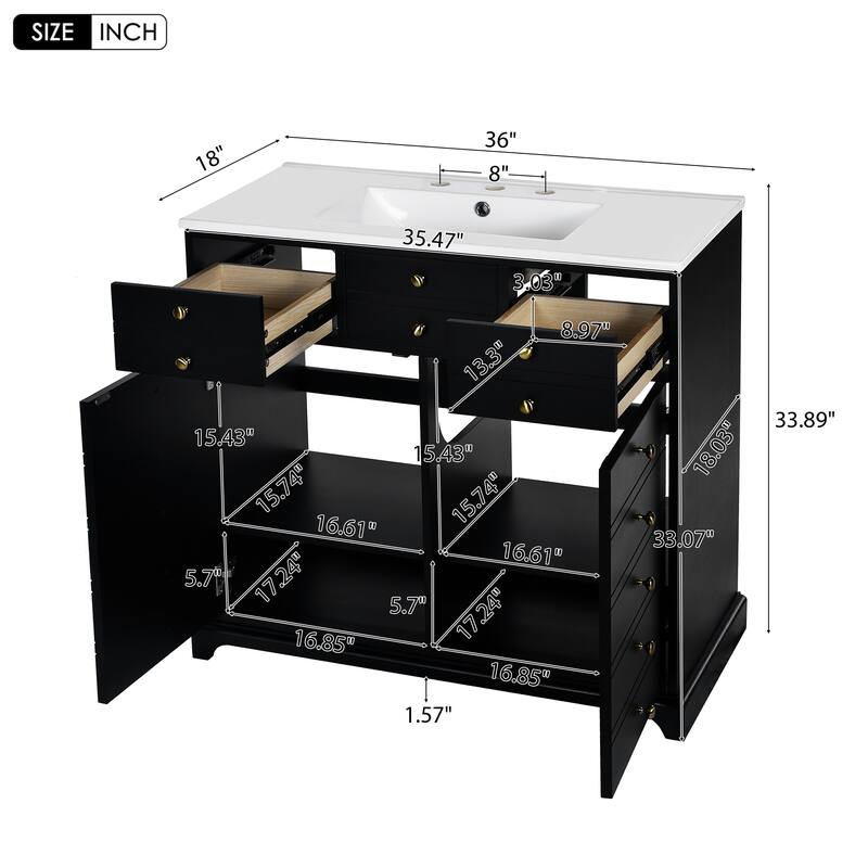36-Inch Bathroom Vanity with Ceramic Sink, Solid Wood Frame, 2 Drawers & 2 Cabinets, Soft-Closing Hinges - 36in L Ceramic+MDF