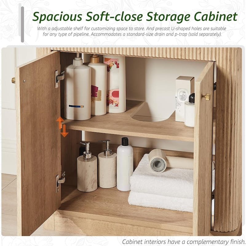 Fluted Bathroom Vanity with Sink, Storage Cabinet & Adjustable Shelf