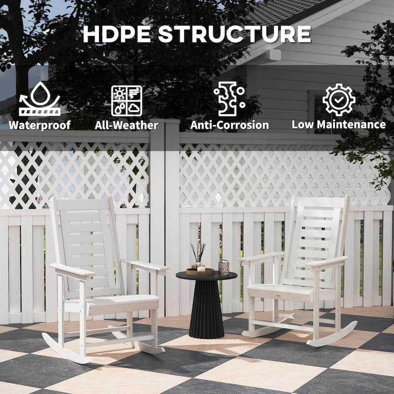Set of 2 Outdoor HDPE Rocking Chairs with Slatted Back and Comfortable Armrests for Patio or Porch - 25.6" W x 35" D x 40.6" H