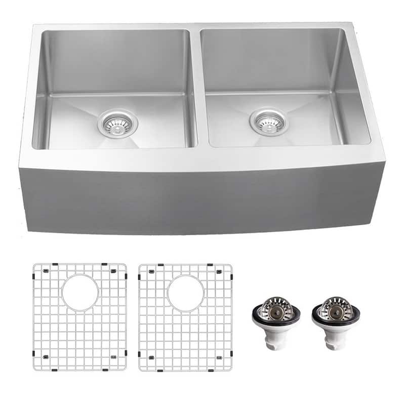 Karran Elite Apron-Front Stainless Steel 36 in. 16-Gauge Double Bowl Farmhouse Kitchen Sink Kit