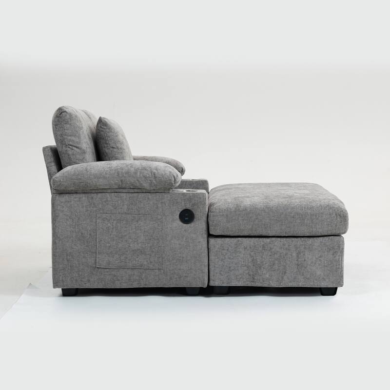 Modern 58" Oversized Chaise Lounger Armchair with Ottoman, Chenille Sleeper Sofa Couch with Charge Station & USB Ports