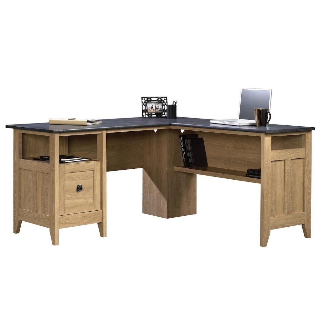 Medieval L-Shaped Desk - 59"W Office Workstation with File Storage & Shelf - Dover Oak Finish